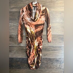 BCBGMaxAzria Brown and Orange Long Sleeve Dress